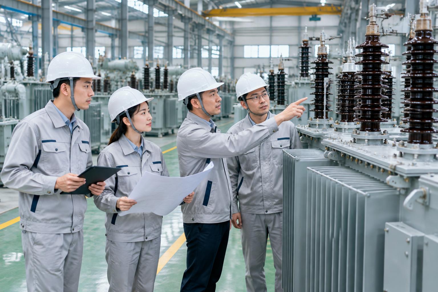 Đội ngũ kỹ sư kiểm tra thiết bị điện tại nhà máy hiện đại