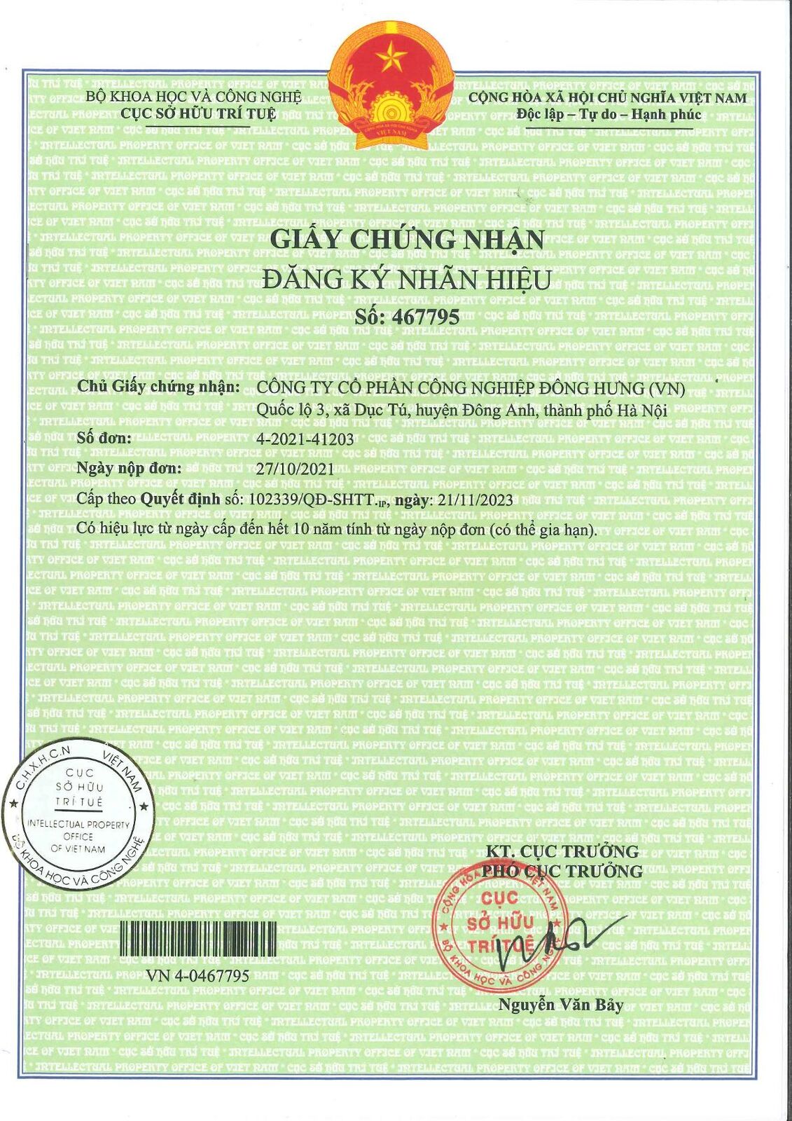 Giấy chứng nhận đăng ký nhãn hiệu Đông Hưng